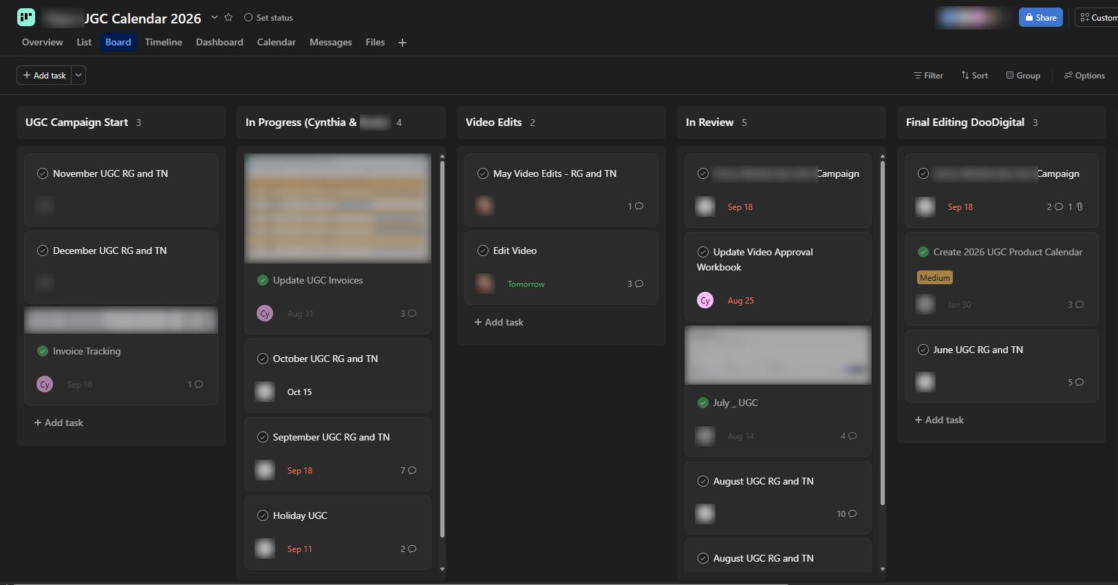 Asana board with columns for UGC campaign start, in progress, video edits, in review, and final editing, with names and attachments blurred