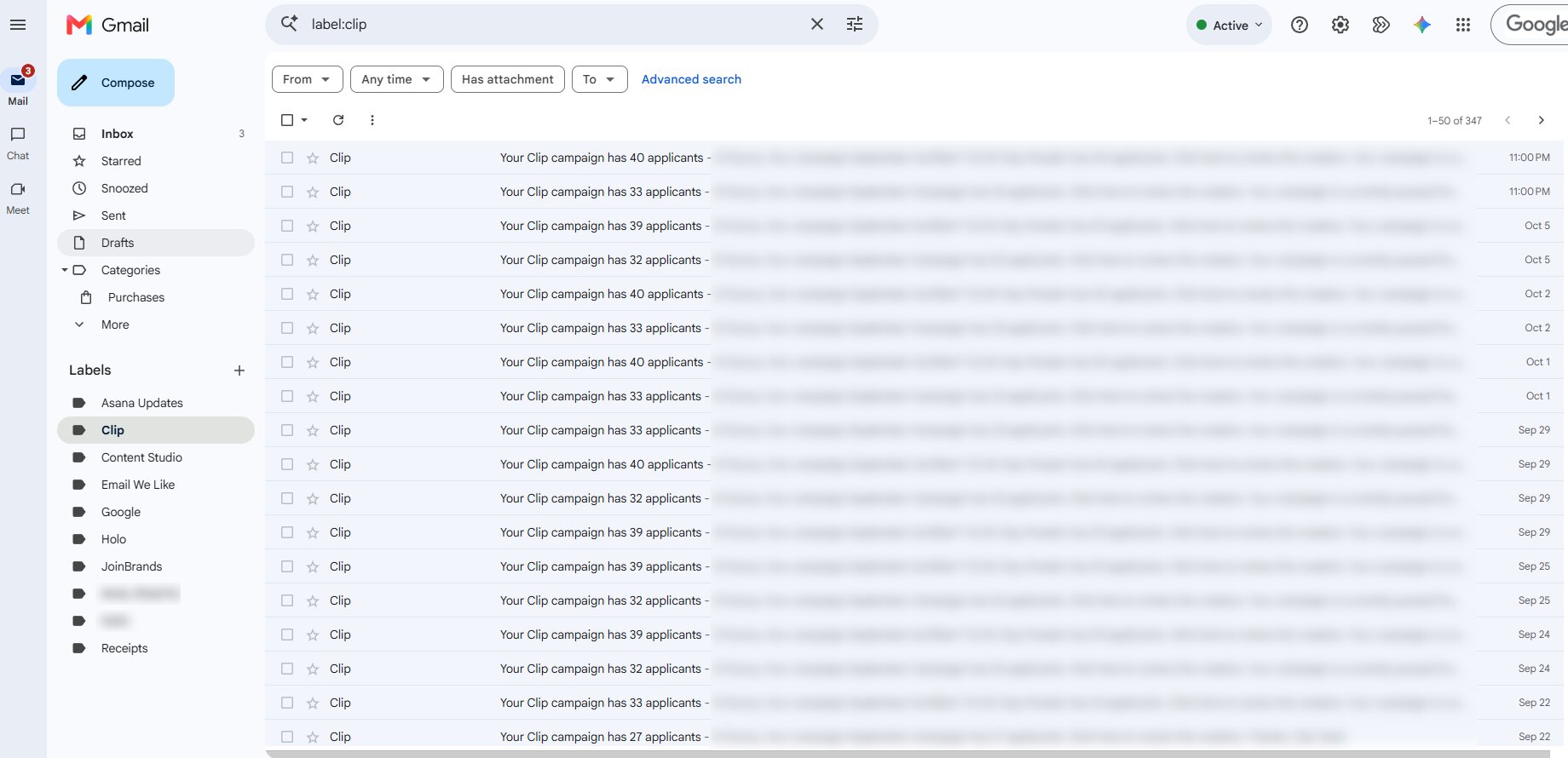 Gmail with a custom label holding 347 filed campaign notifications and a sidebar of client and tool labels, with message previews blurred